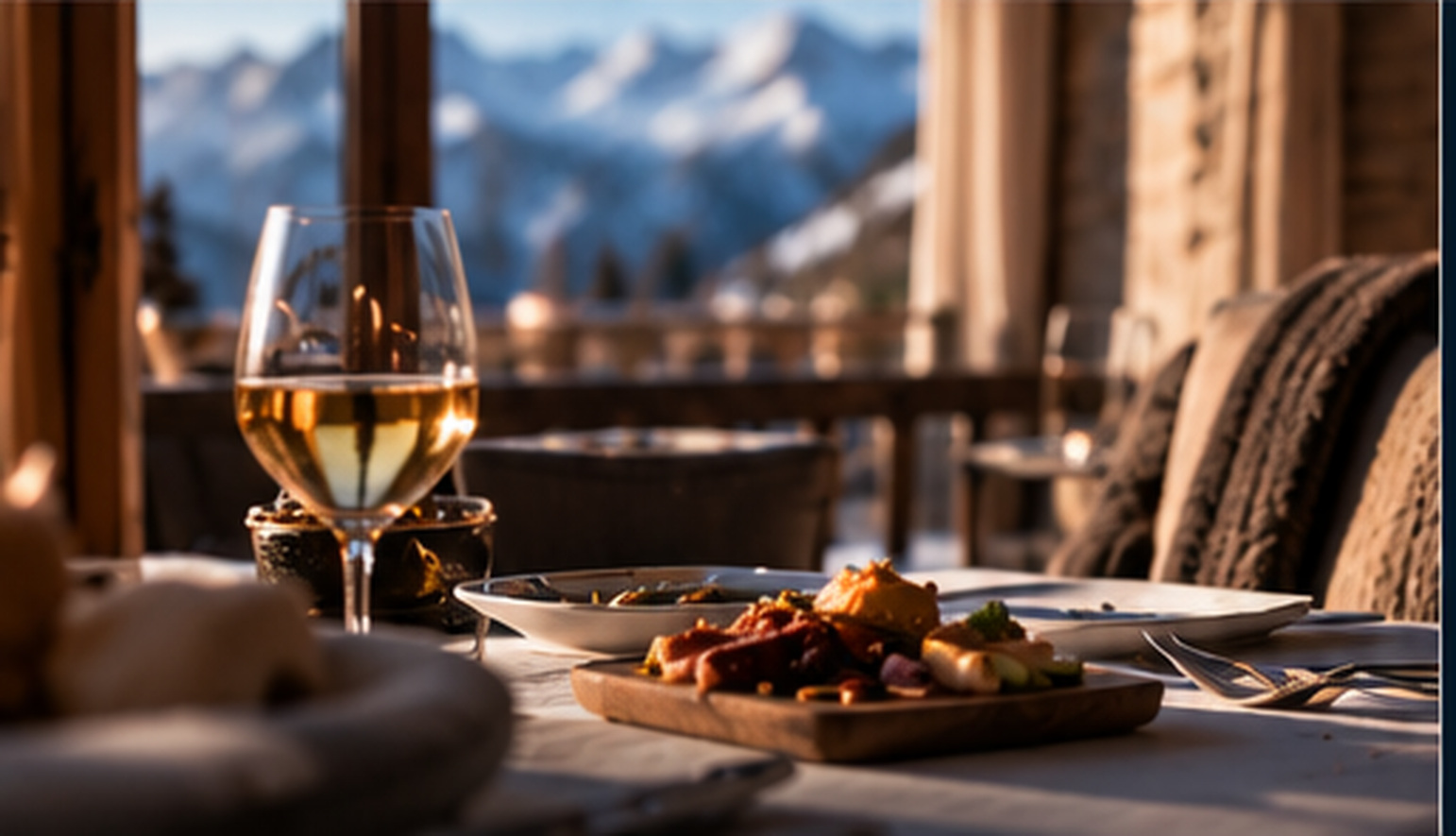 A glass of wine and a shared dish by a chalet window
