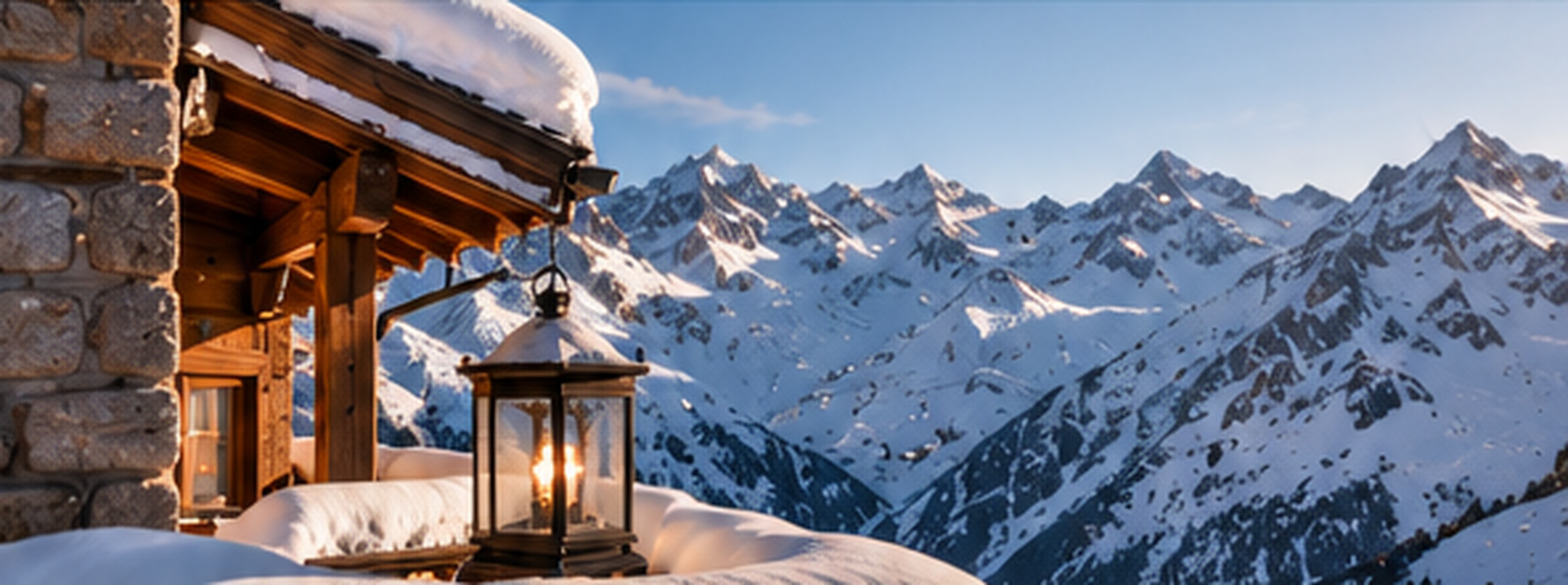 A snow-covered chalet with a lantern facing the mountains