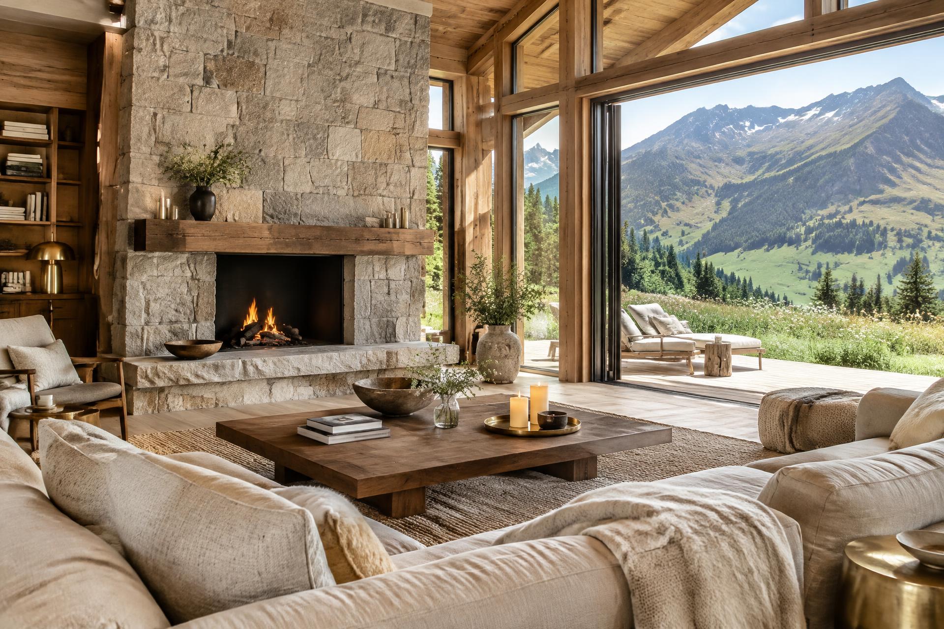 Chalet lounge with fireplace and green summer mountain views