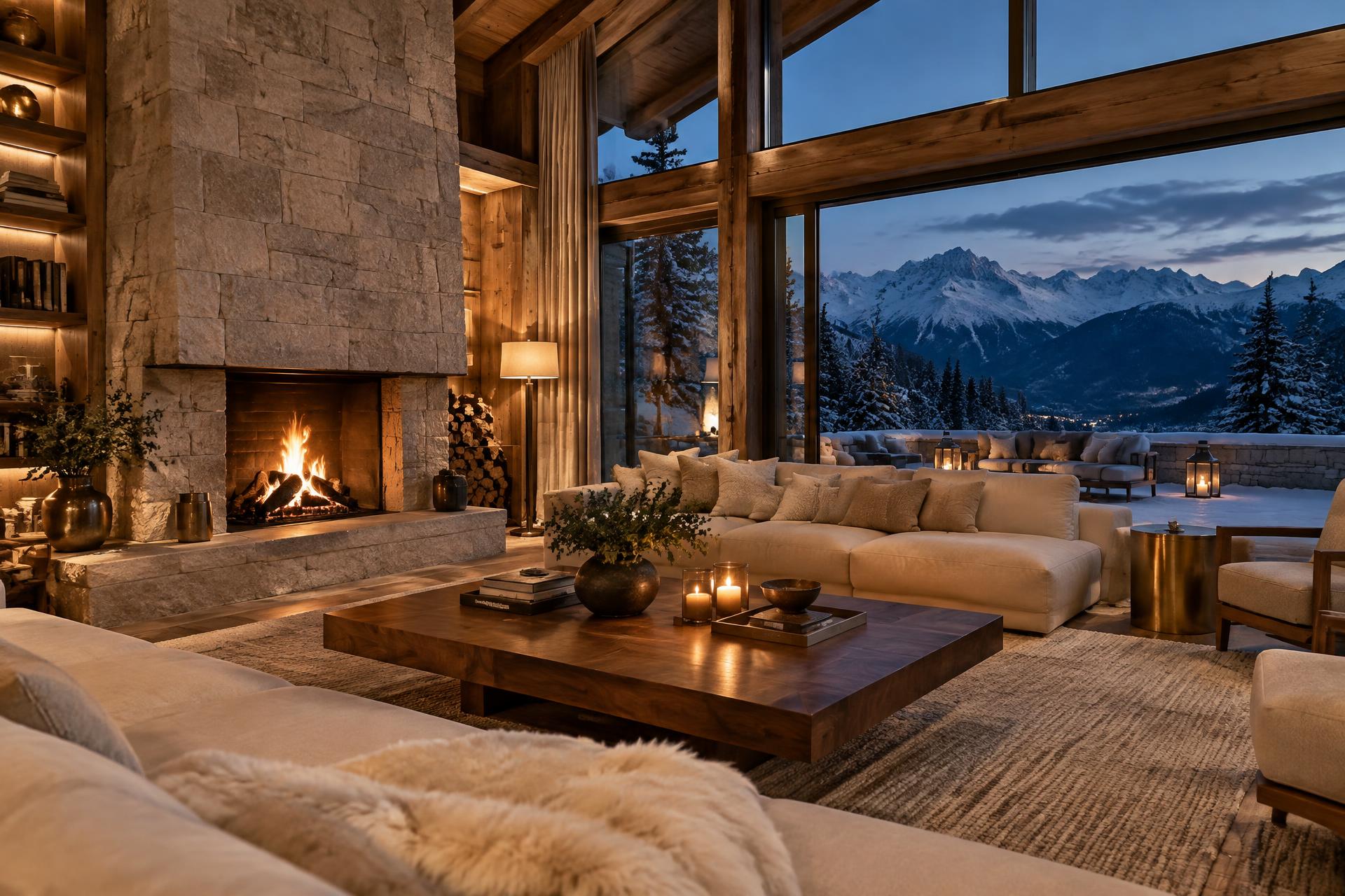 Alpine chalet lounge with fireplace and snowy mountain views