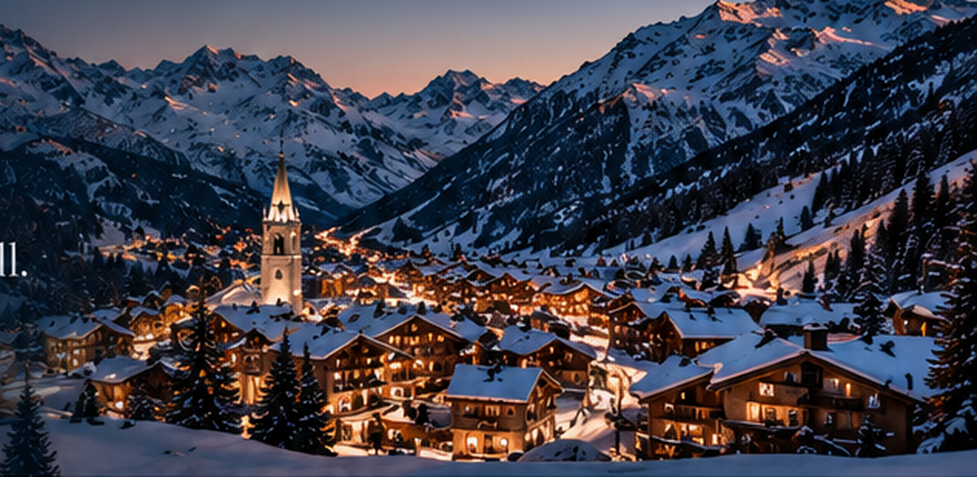 Val d’Isère village and church at dusk